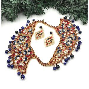 Vintage Gold Tone Crystal & Beaded Collar Necklace & Earrings Set by Scaasi